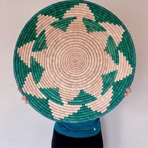 26” XL Teal blue white large sun basket wall boho
